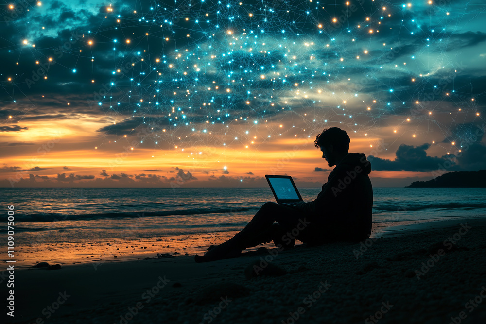 Poster digital nomad working remotely by the beach, laptop in hand, with internet data streams connecting t