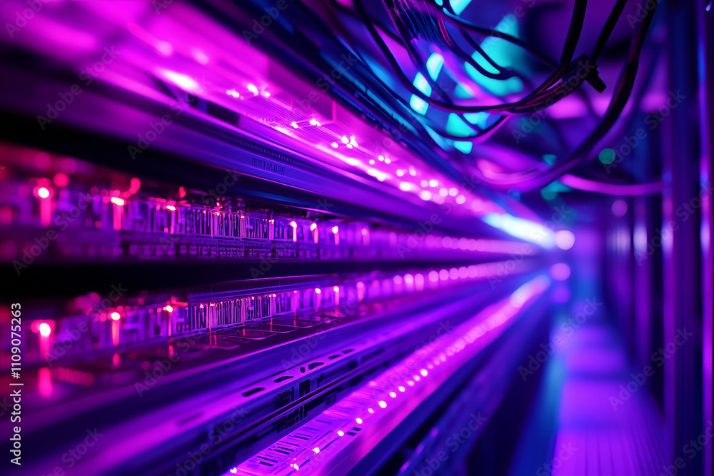 Poster futuristic server room with rows of glowing servers and data cables, symbolizing the backbone of the