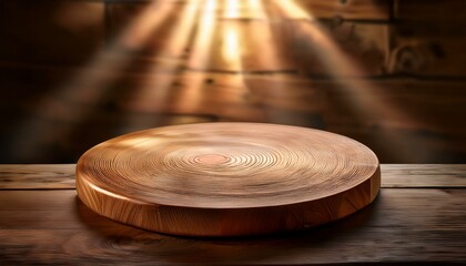 Obraz premium warm spotlight on rustic wooden round shape board n ideal for product photography natural textures and eco friendly kitchen styling