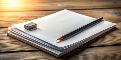 Fototapeta premium A stack of white paper with a pencil and eraser on a wooden surface, bathed in soft, warm sunlight.