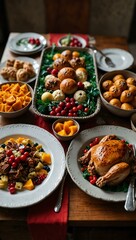 Vibrant holiday feast spread across a festive table.