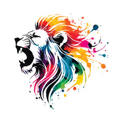 Painted watercolor roaring lions head silhouette with vibrant mane, splashes, splatters on white background. Minimalist isolated decorative design. Bright modern pattern with lion head. © Elmar