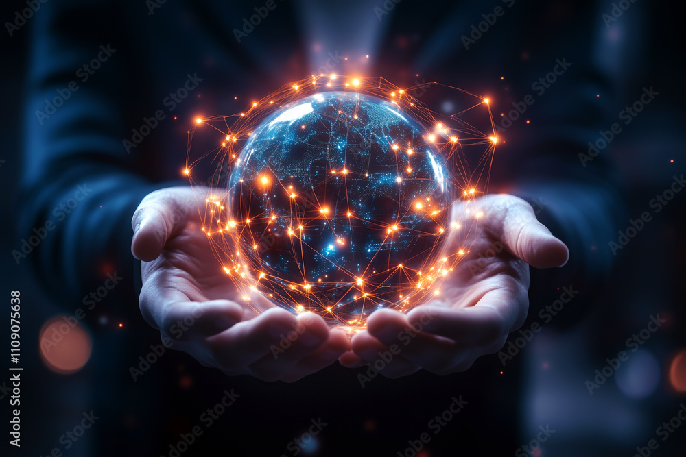Poster hands holding a holographic globe, with glowing lines representing global internet networks emanatin