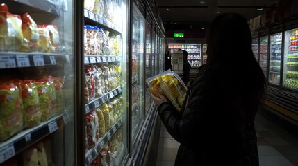 Fototapeta premium Smart Choices: Woman Selecting Frozen Food at the Supermarket