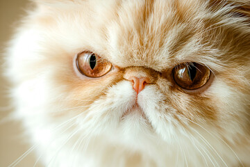 Close-up of a fluffy Persian cat with large, expressive eyes and a soft fur coat, showcasing its unique facial characteristics and charming demeanor.