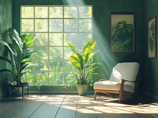 Illustrate a lush, green interior with vibrant leaves and sunlight streaming through floor-to-ceiling windows, creating a serene sanctuary