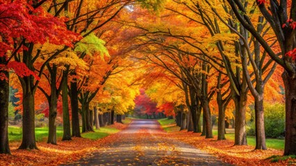 Fototapeta premium Vertical shot of a colorful path surrounded by vibrant autumn trees , autumn, landscape, pathway, foliage, vibrant, colorful