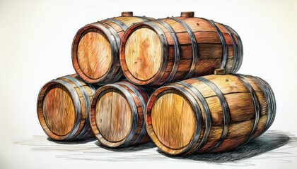 colored pencil drawing of stacked whiskey barrels on white background