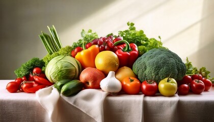 stack of fresh vegetables and fruits on table covered with linen tablecloth and light background