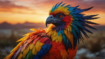 Obraz premium Vibrant mythical bird with colorful feathers against a sunset.