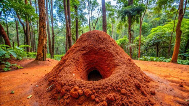 Snake anthill made of red soil in an Indian forest with a snake burrow or house inside , snake, anthill