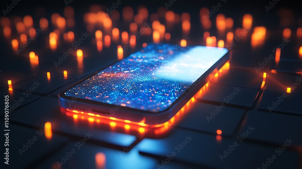 Poster A sleek smartphone screen glowing with dynamic content, surrounded by ambient light that emphasizes the mobile display's technology, creating a modern tech feel