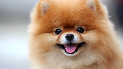 Close-up of a cheerful Pomeranian dog showcasing its fluffy coat and joyful expression. Perfect for pet lovers and animal care promotions.