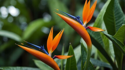 Vibrant orange bird of paradise flowers emerging from green leaves.