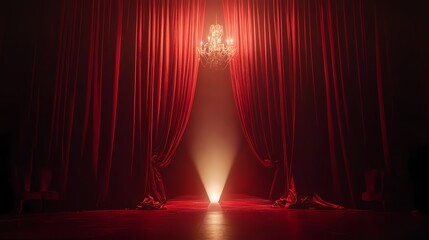Elegant Stage with Red Curtains and Grand Chandelier Illuminated by Soft Light, Perfect for Theatrical Productions and Performances, Creating a Dramatic Atmosphere