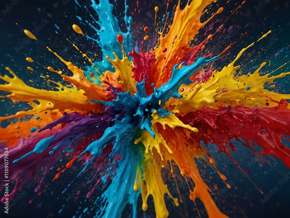 Poster vibrant paint splashes creating a colorful abstract design.