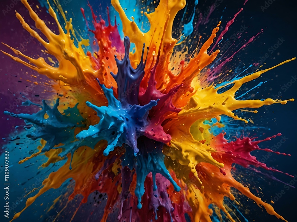 Poster vibrant paint splashes creating a colorful abstract design.