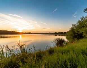 Couleurs douces sur les rives à l'aube au lever de soleil, photo de nature poésie bucolique