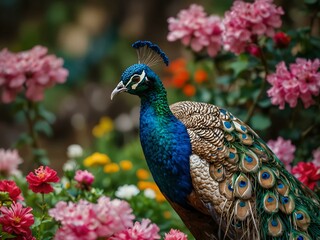 Obraz premium Vibrant peacock next to blooming flowers, showcasing nature's beauty.