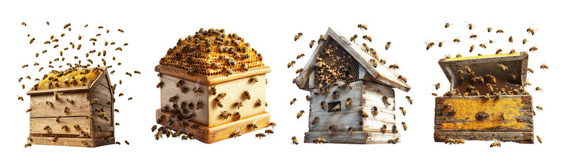 Bee Hives with Bees on Transparent Background