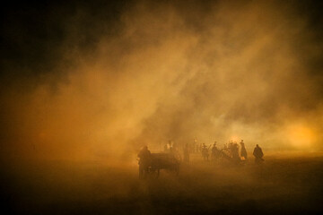 The battle of Austerlitz, traditional reenactment on the dayt of 2 December. Napoleonic army using cannons and rifles.