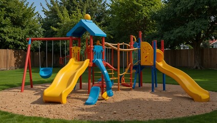 Vibrant playground in a garden setting.