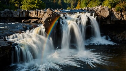Fototapeta premium Vibrant rainbow arching over a cascading waterfall.
