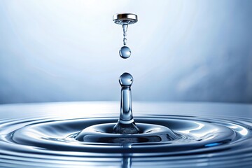 water droplets falling from a faucet into a small pool on a white surface, water features, natural element, fluid motion, clean space, aqua