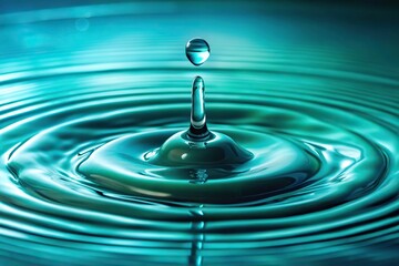 Water droplets fall onto a still blue-green surface of teal water with ripples and reflections, sea, fluid