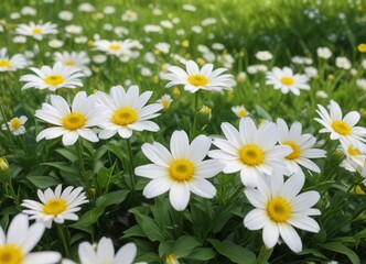 White flowers with bright yellow centers in a lush green field, landscape, garden