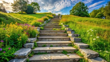 Stone Steps Leading Up Through a Lush Green Meadow Under a Bright Blue Sky