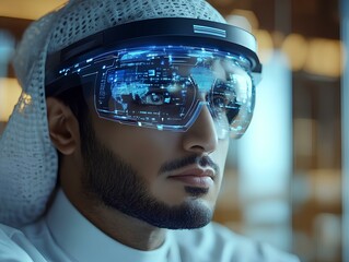 Showcase the innovation and vision of an Arabian businessman through his interaction with cutting edge technology