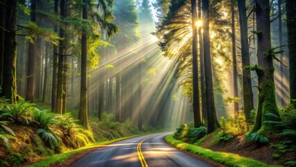 Sunbeams pierce through the dense canopy of a lush, verdant forest, casting long shadows on the winding road ahead