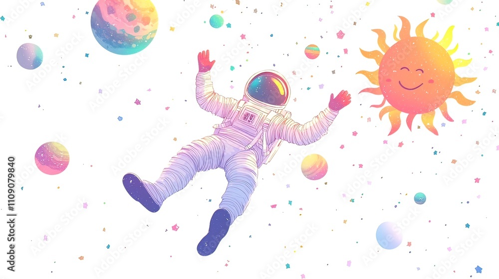 Poster joyful astronaut floats in space, surrounded by planets and a smiling sun.