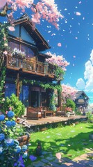 Obraz premium A charming two-story house with a lush garden, blooming flowers, and wooden furniture under a clear blue sky, evoking a serene and inviting atmosphere