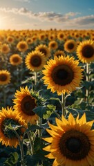 Fototapeta premium Vibrant sunflowers in a blue-sky field.