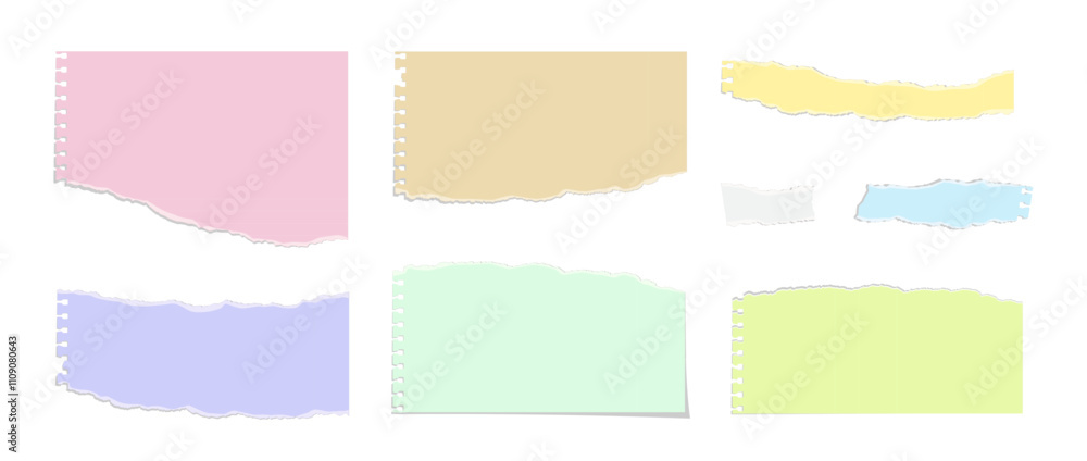 Poster torn paper notes. torn notebook pages of different colors and shapes. colorful pieces of pages with 
