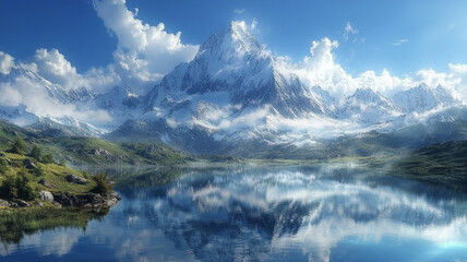 Majestic mountain range with a crystal-clear lake reflection