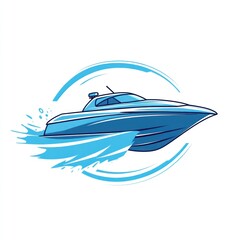Blue powerboat speeding on water, surrounded by stylized waves.