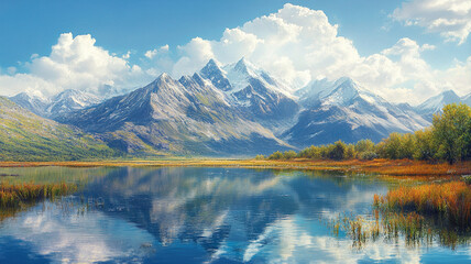 Fototapeta premium Majestic mountain range with a crystal-clear lake reflection