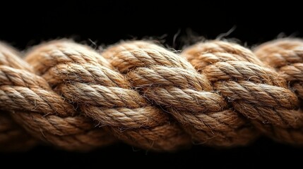 Close-Up of Natural Jute Rope Showing Intricate Twists and Textures Against Black Background for Textile or Craft Themes