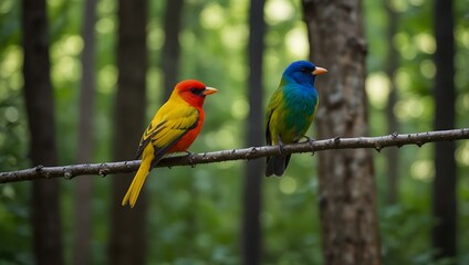 Fototapeta premium Vibrantly colored birds in early summer forest.