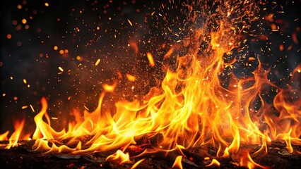 Fototapeta premium Close-up of fiery flames with sparks on a dark background, fire, flames, sparks, black, background, close-up, heat, danger, energy