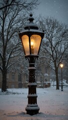 Victorian lamp post covered in snowfall during winter.