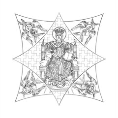 Obraz premium Jesus Christ the greatest Bishop sitting on the throne. Cross dome with 4 apostles, angels and seraphim. Coloring page in Byzantine style