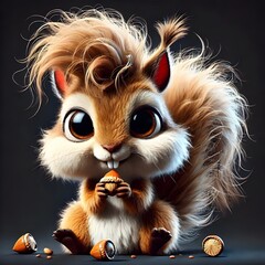 Obraz premium A fluffy squirrel stands on a circular platform surrounded by nuts. The squirrel has a bushy tail and intricate details, against a dark background, making it visually striking