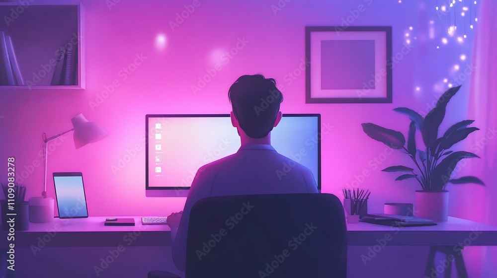 Poster man working at night on computer in vibrant room.
