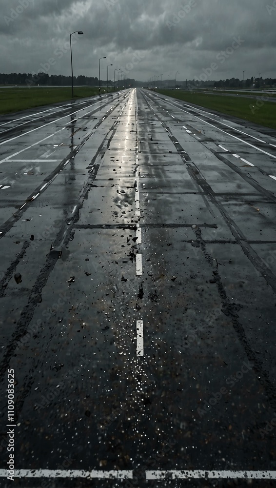 Poster view from an airplane window of a wet runway during rain.