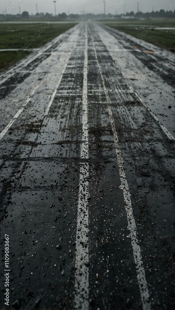 Poster view from an airplane window of a wet runway during rain.