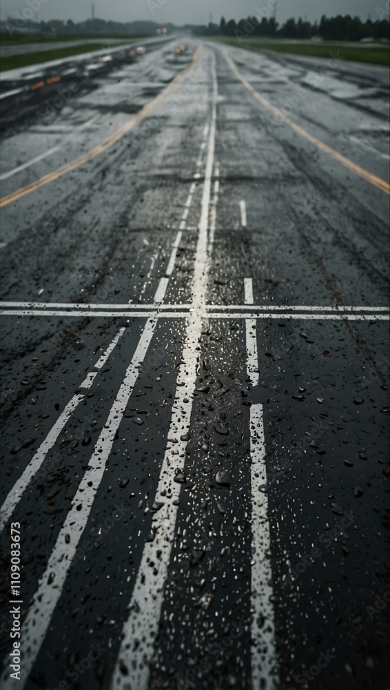 Poster view from an airplane window of a wet runway during rain.